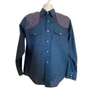 Stir-Ups Western Pearl Snap Vintage Size Large Men's 16.5 Blue/Plaid Long Sleeve